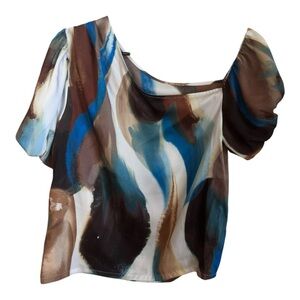 Worthington White and Blue Asymmetrical Blouse M